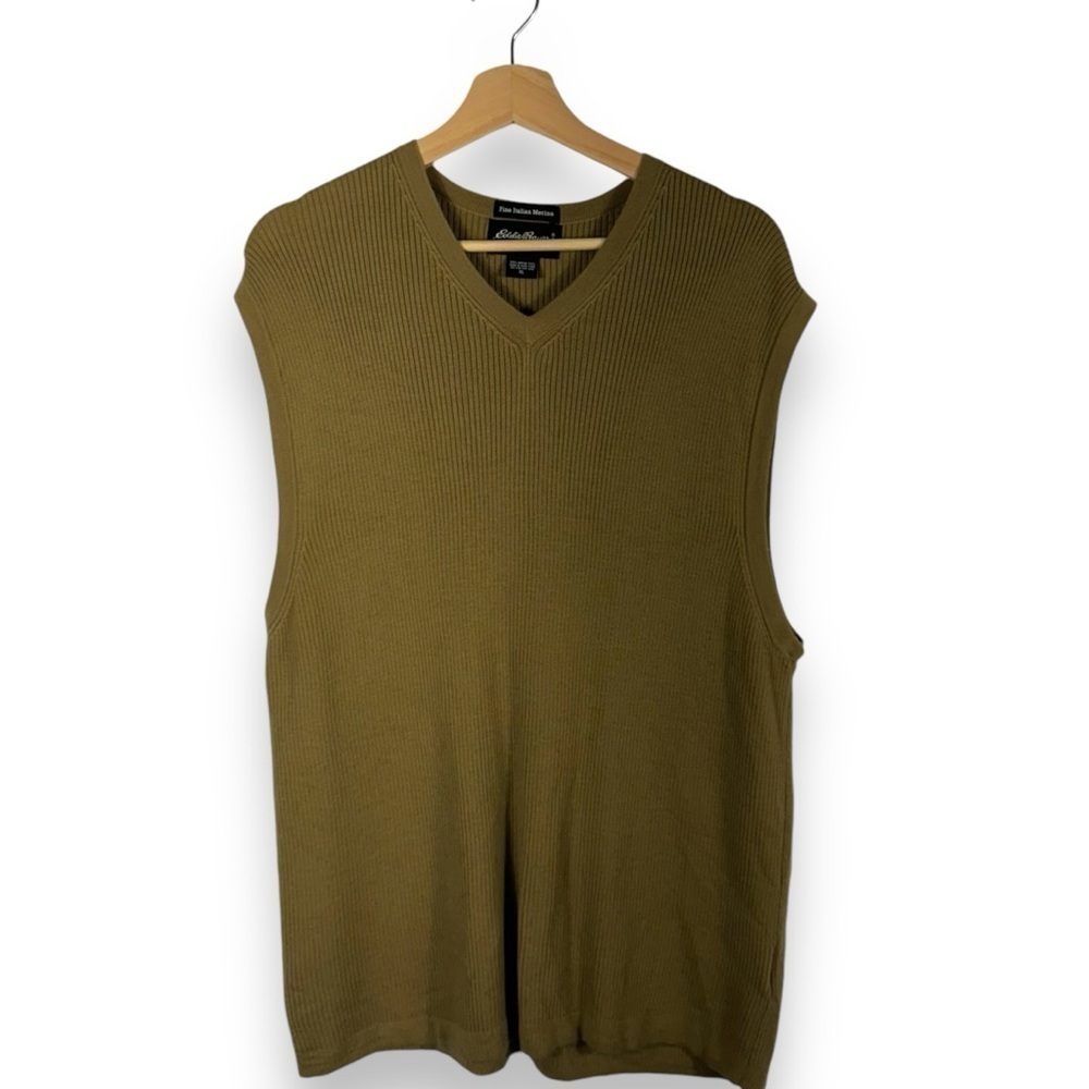 Eddie Bauer Fine Gauge 100% Merino Wool V Neck Sweater Vest, Camel Tan, Size XL
